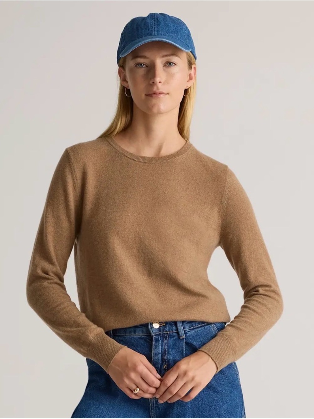 Quince Mongolian Cashmere Crewneck Sweater in Camel Brown